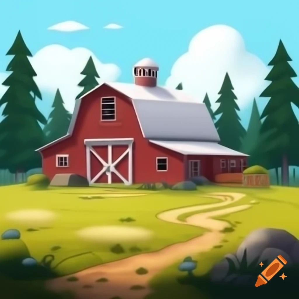 Cartoon illustration of barn and meadow with forest background