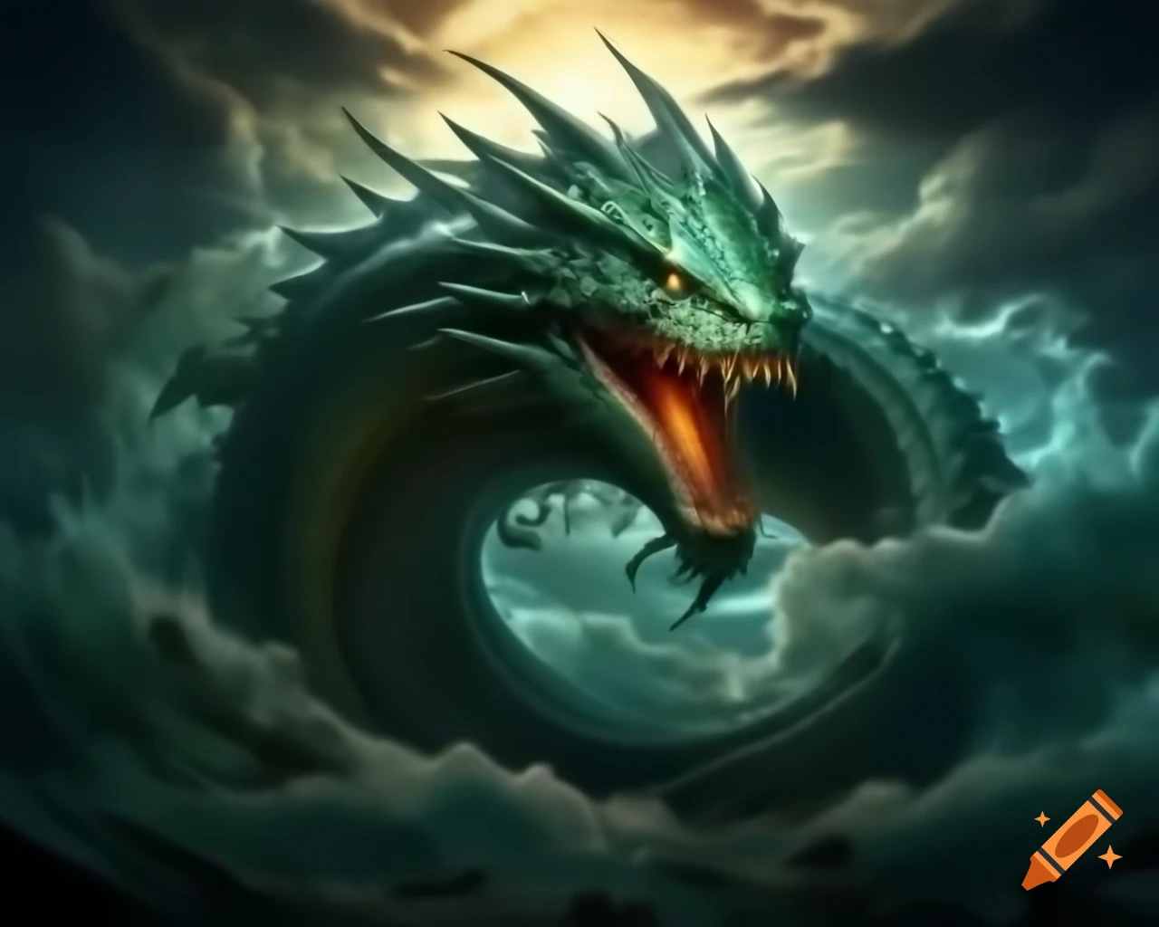 Ancient Leviathan emerging from mists with emerald scales under setting sun