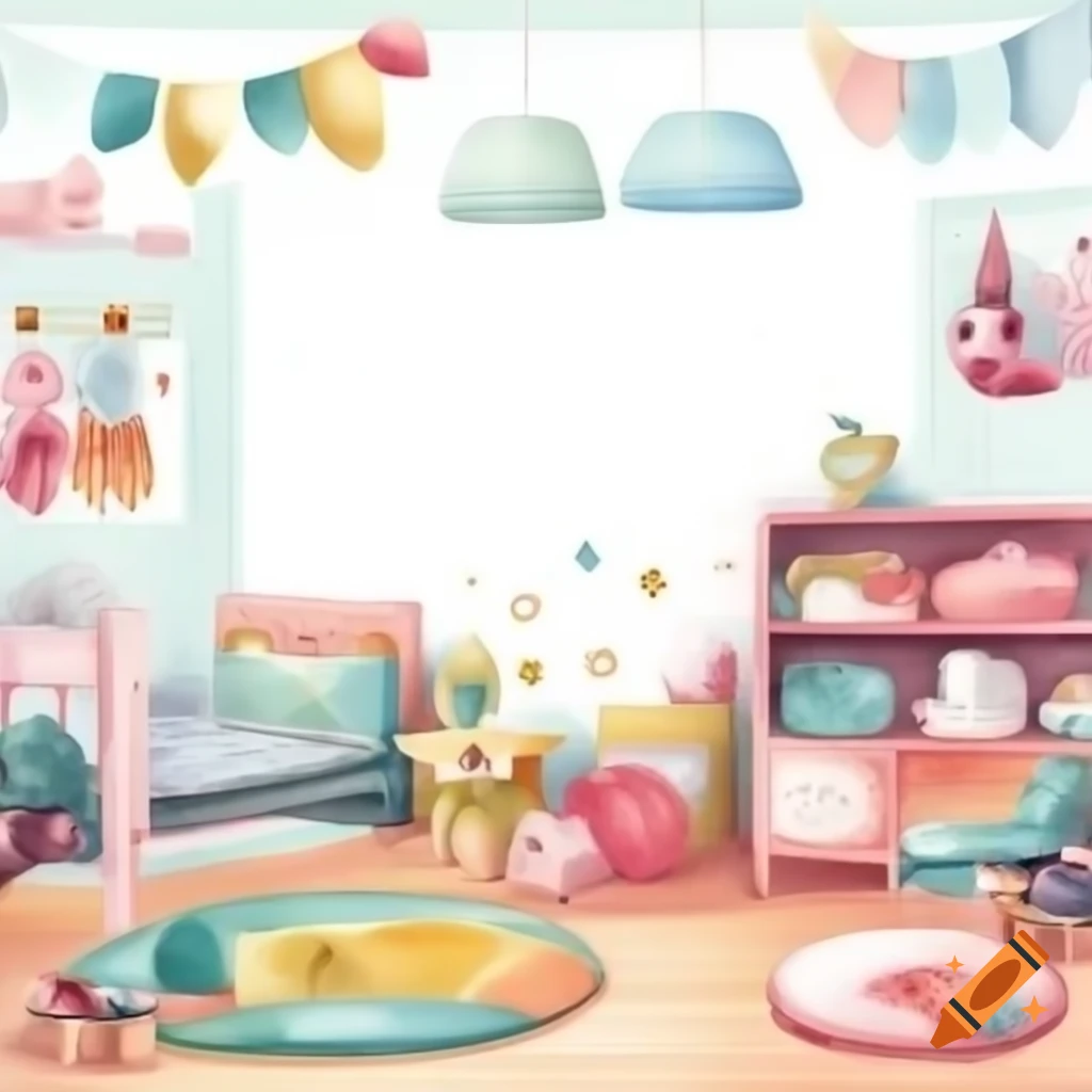Cartoon-style kid's room illustrated in watercolor on white background
