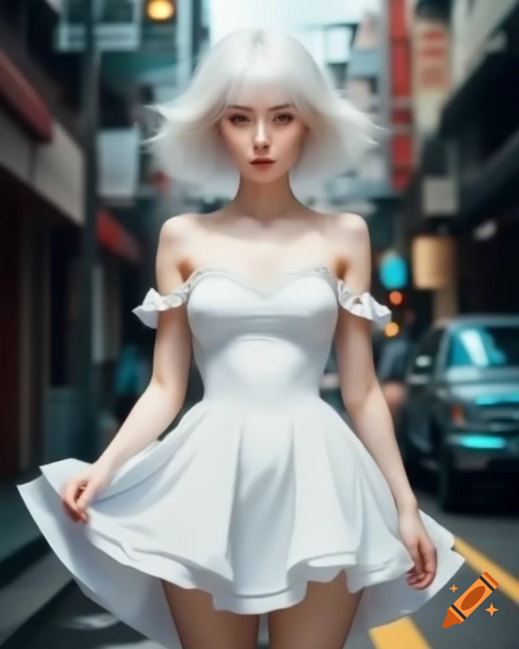 Anime character with white hair in sundress walking on street
