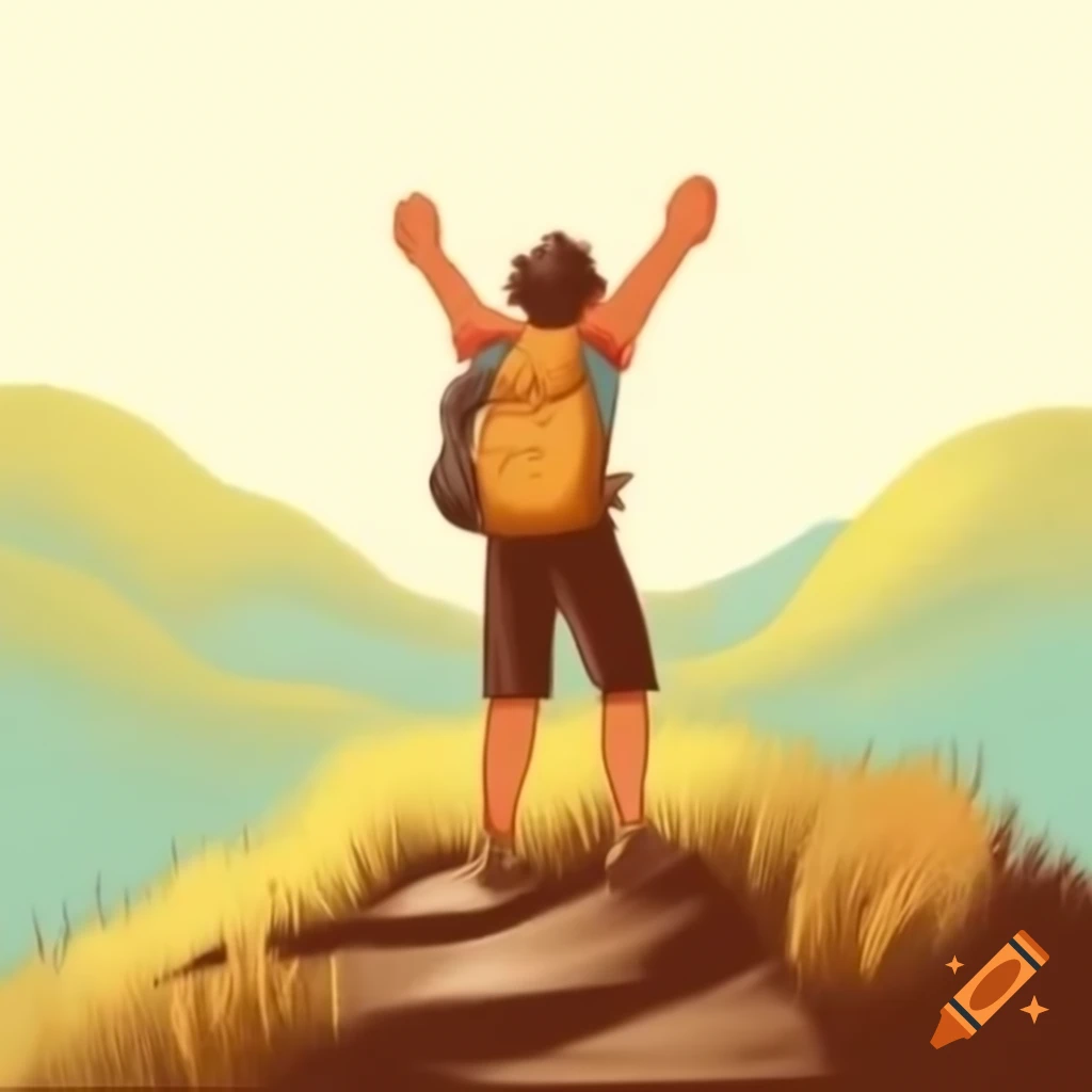 Pencil sketch of person on hilltop celebrating triumph with raised arms and smile