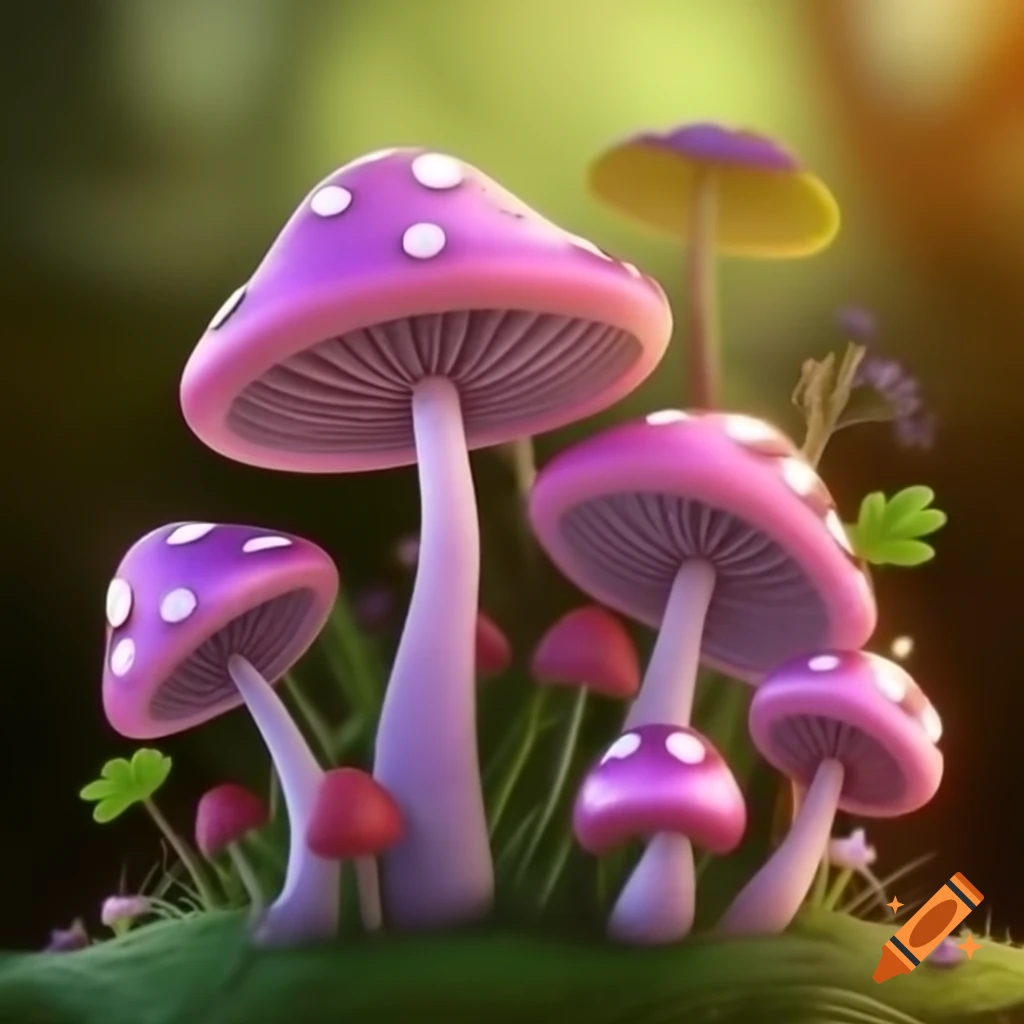 Enchanted garden filled with pink and purple mushrooms and flowers