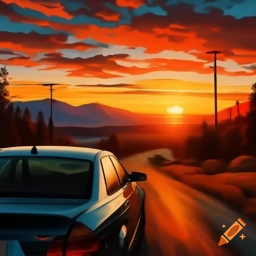 Sunset scene with car silhouette