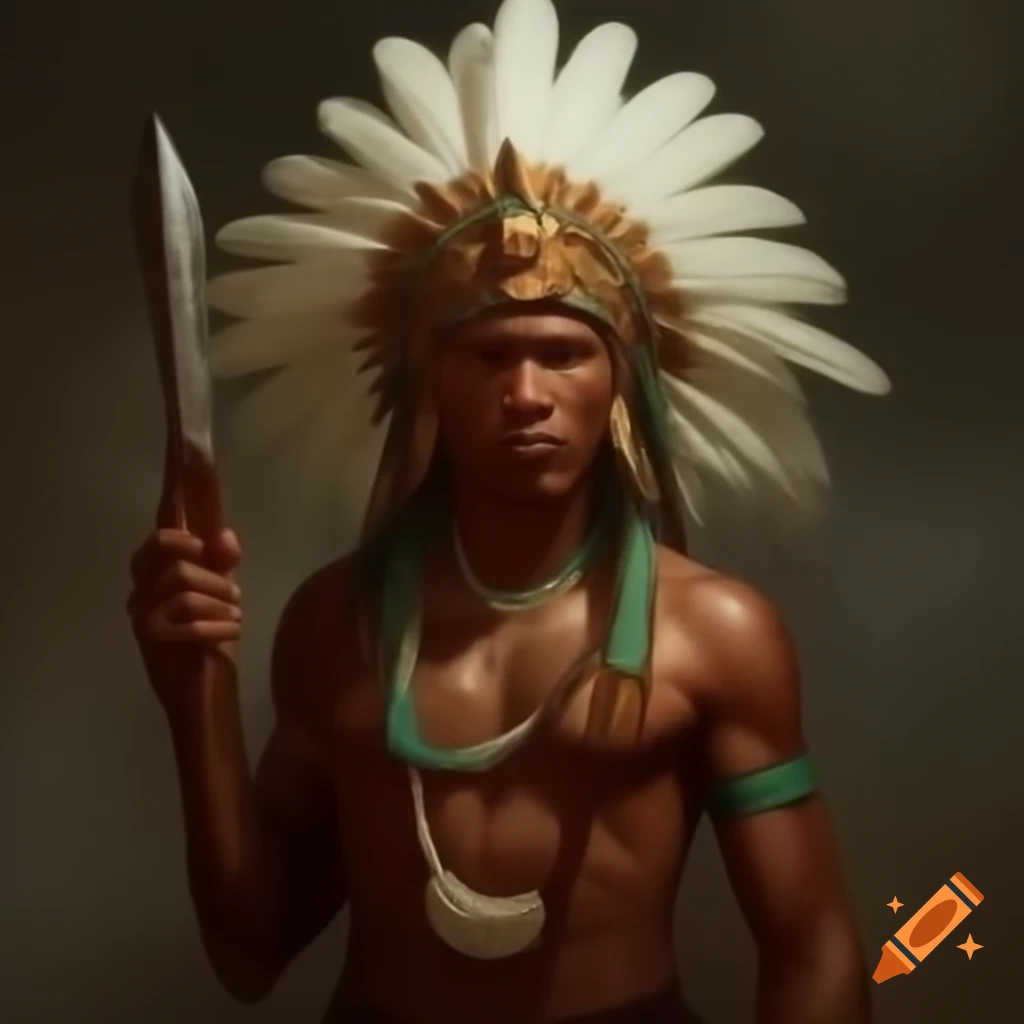 Taino warrior king in traditional attire with weaponry and jewelry