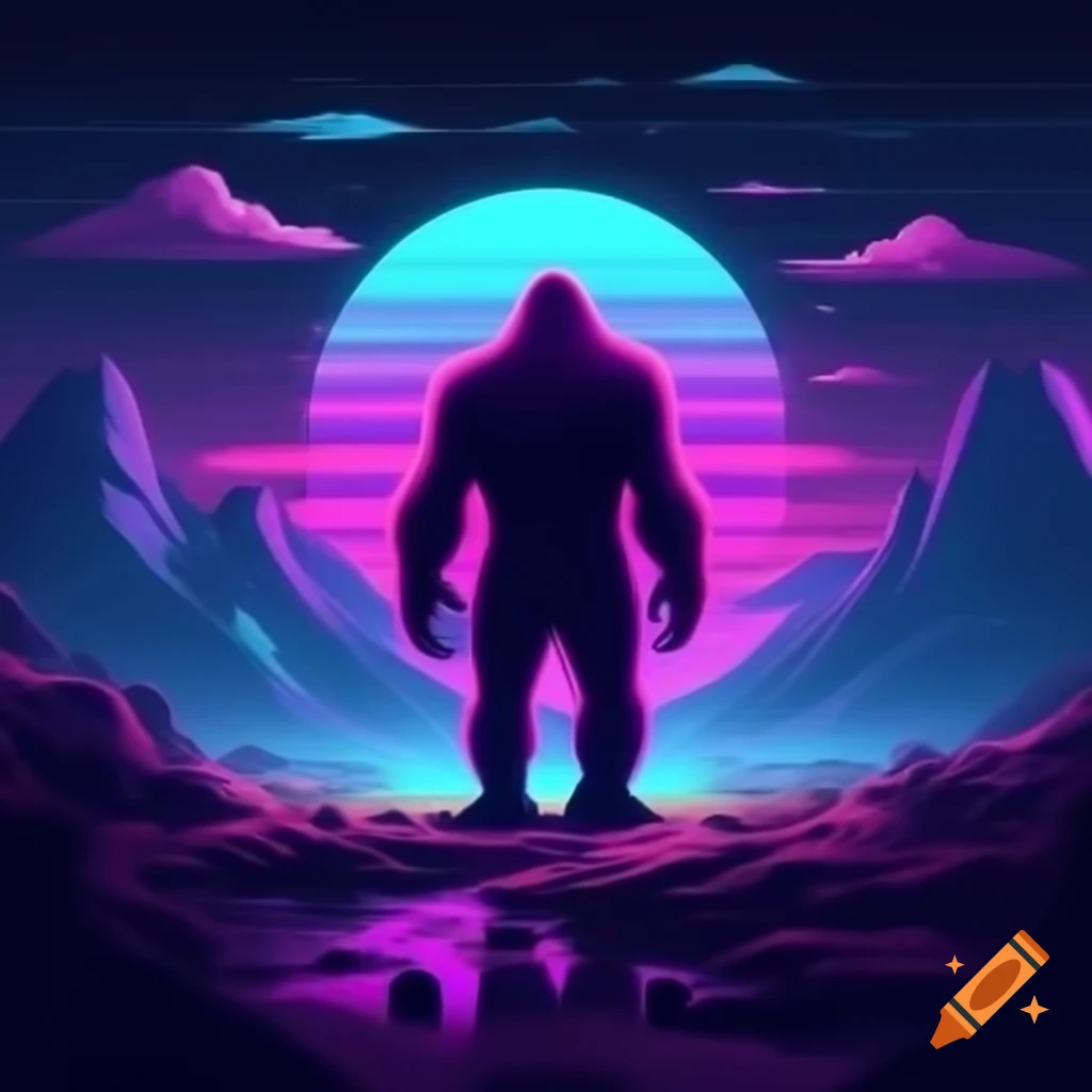 Vaporwave landscape featuring Bigfoot