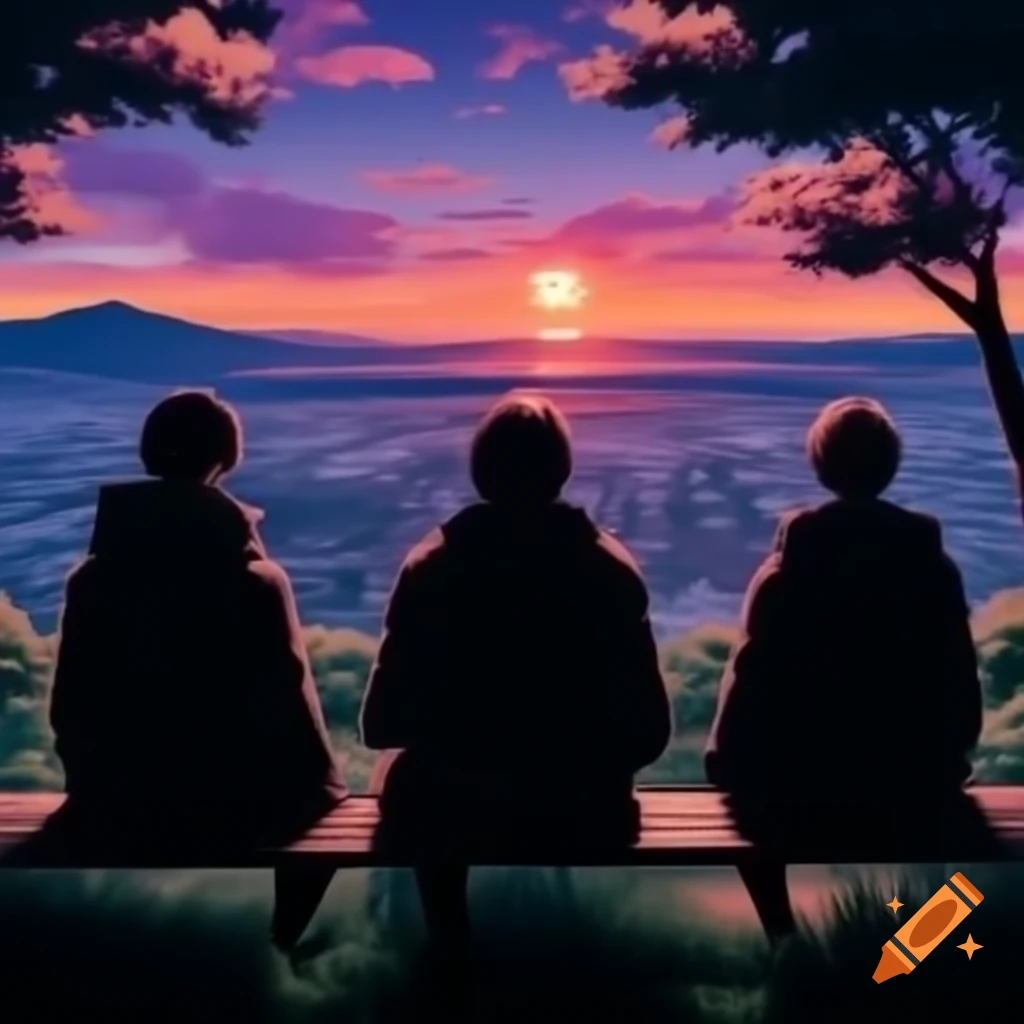 Three friends enjoying stunning sunset on park bench