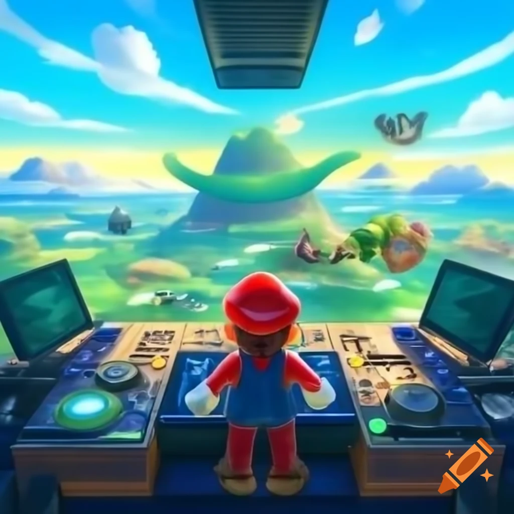 Mario and Luigi DJing above alien landscape with Table Mountain in the distance