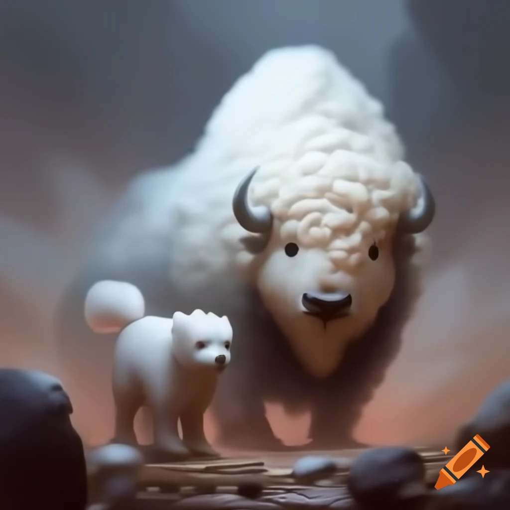 Whimsical hybrid creature with bison strength and bichon frise charm