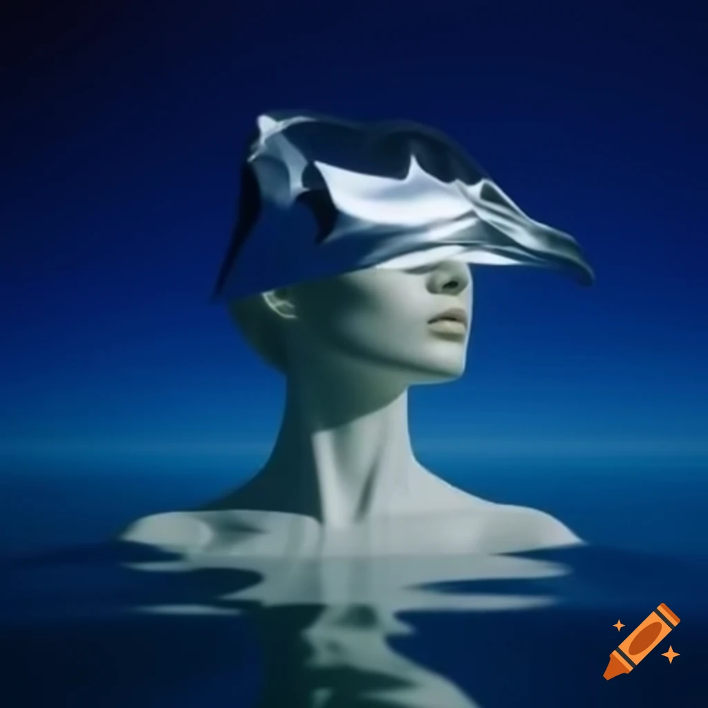 Pop surreal 2000's dreamscape with silver statue