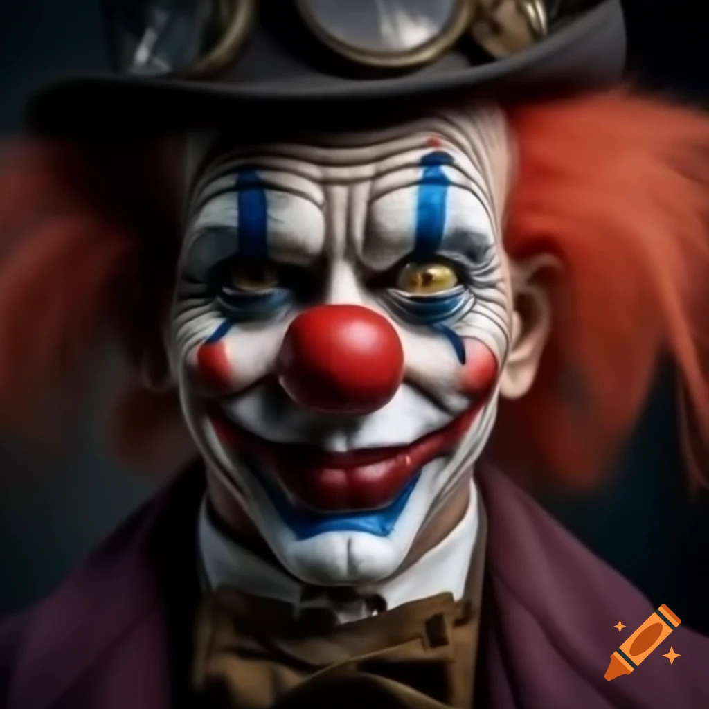 Smiling man with half face painted as clown in steampunk style