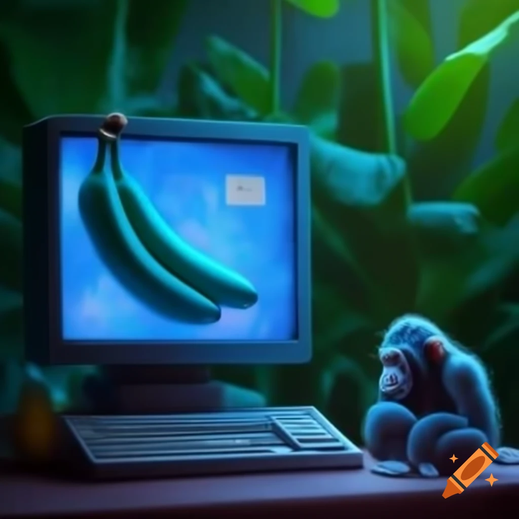 Blue banana next to computer and ape
