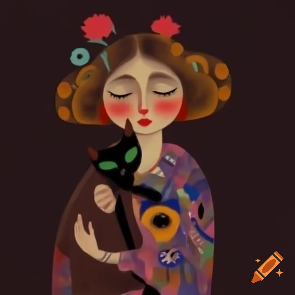 Middle-aged woman with brown hair in colorful dress holding a black cat with green eyes, Klimt and Vinci style