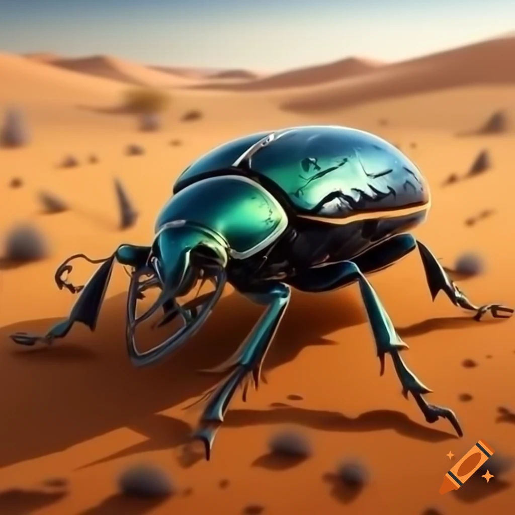 Realistic depiction of a beetle warrior in a desert setting