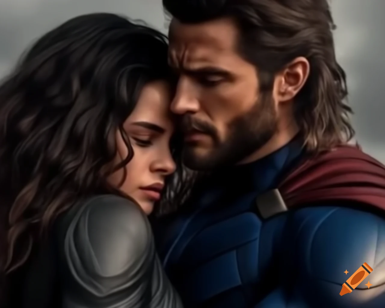 Superhero with dark hair caressing woman's cheek, romantic scene
