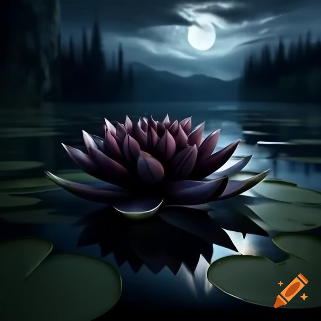 Giant black water lily in lake at night with forest and moon