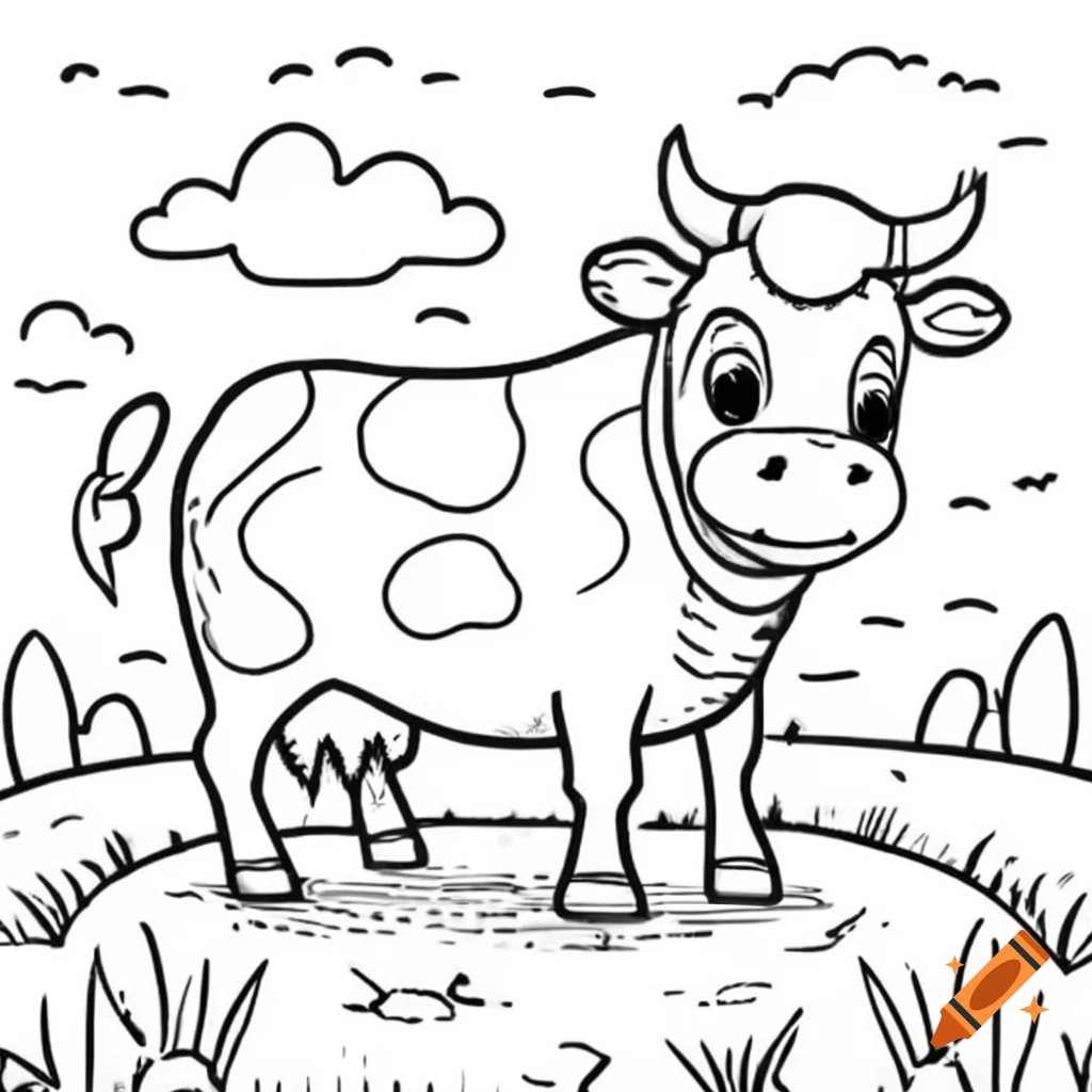 Friendly cow with bold outlines in a field for kids coloring on craiyon
