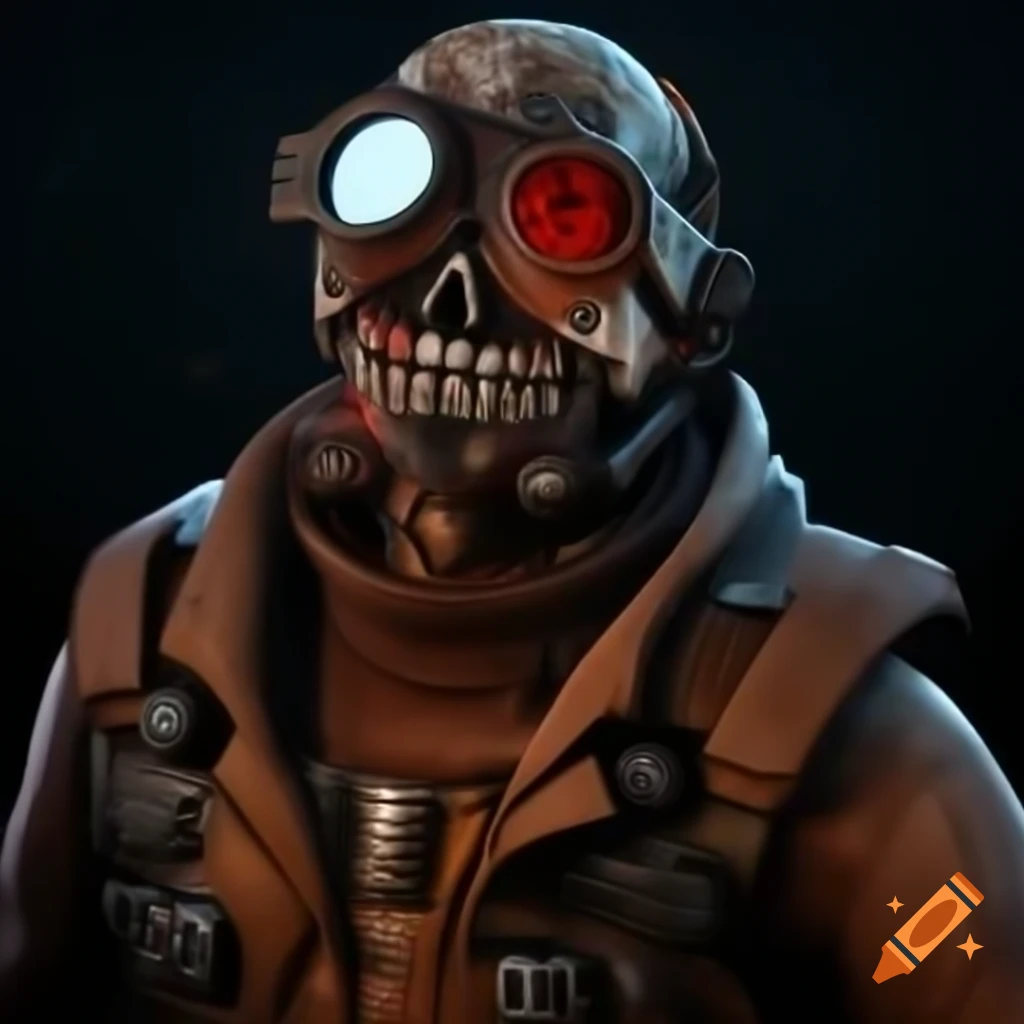Futuristic bandit leader with chainsaw and gas mask in a cyberpunk wasteland