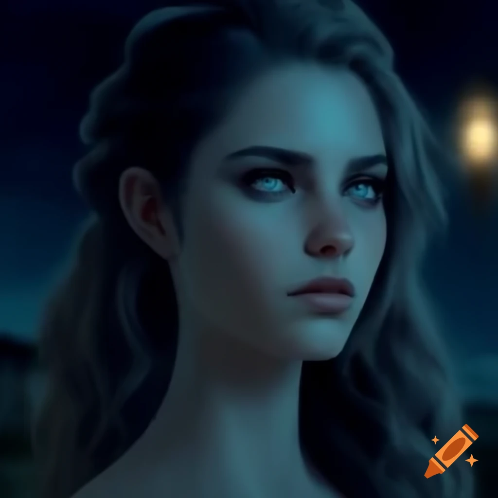 Side view of dark blonde nymph Meliti with blue-grey eyes against Greek night background