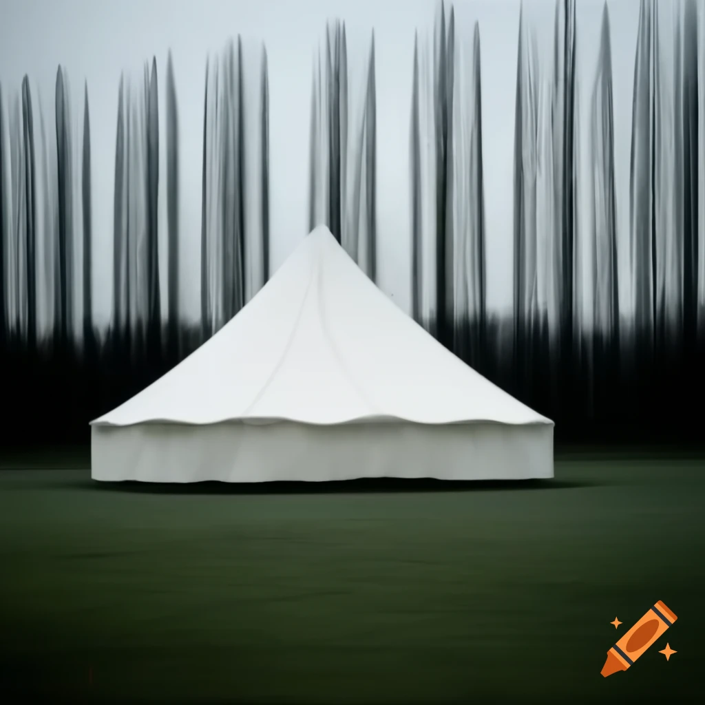Large white tent on grassy field with trees in background