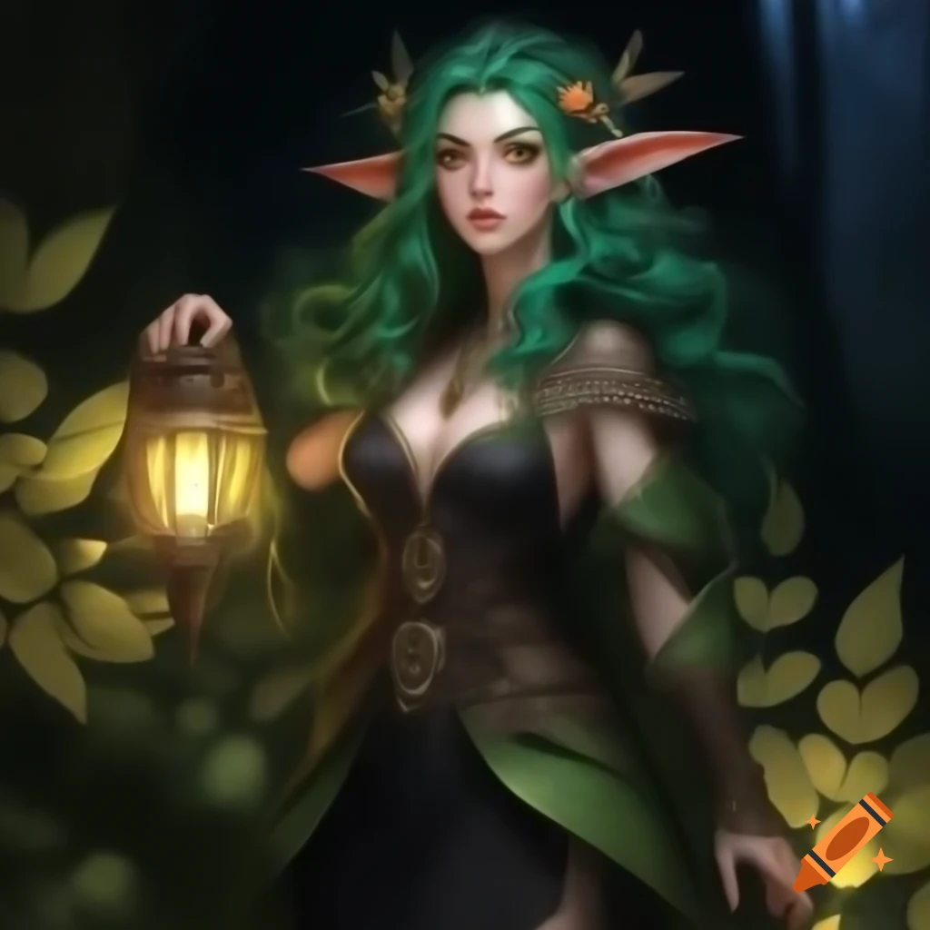 Detailed portrait of a druid girl with dark green hair in a black gown, walking through a dark forest holding a lantern