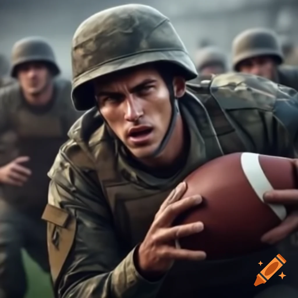 Military personnel playing football in an outdoor field