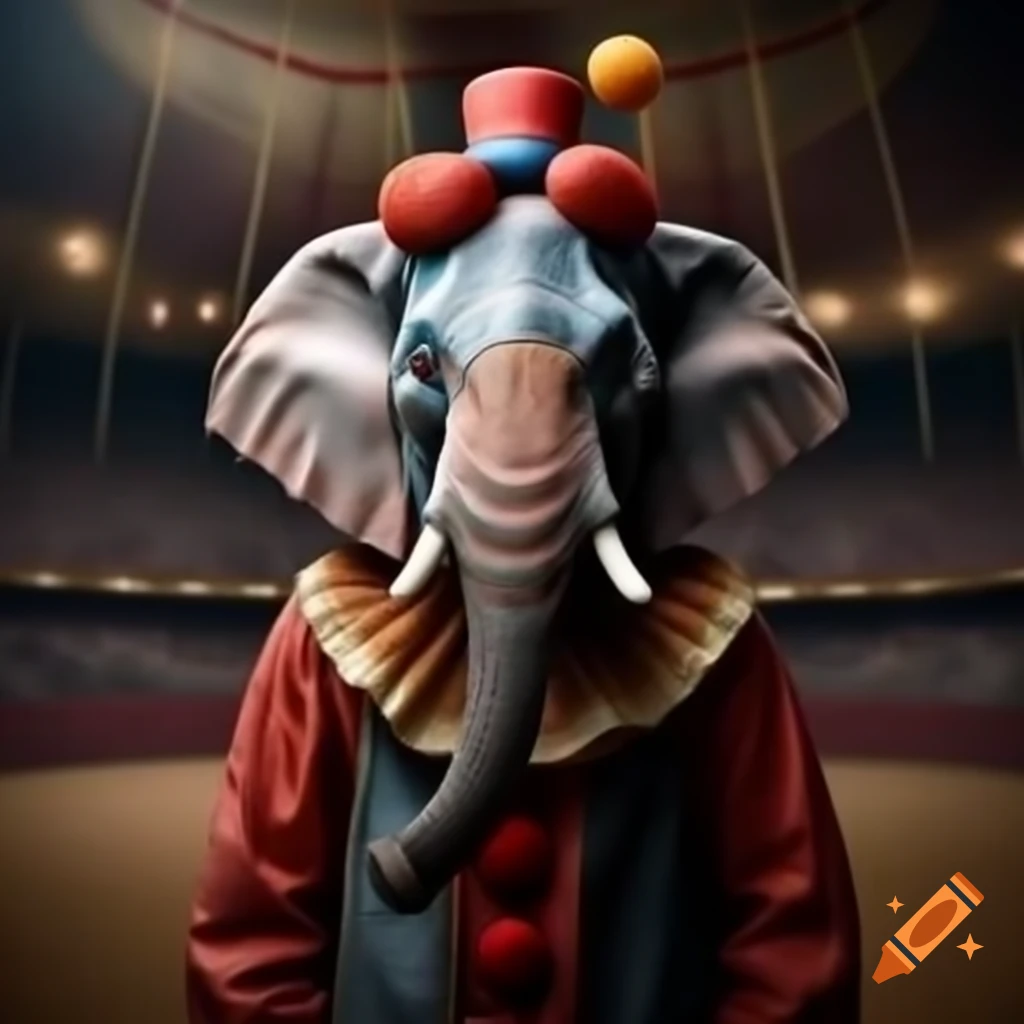 Sad elephant in clown costume in circus arena
