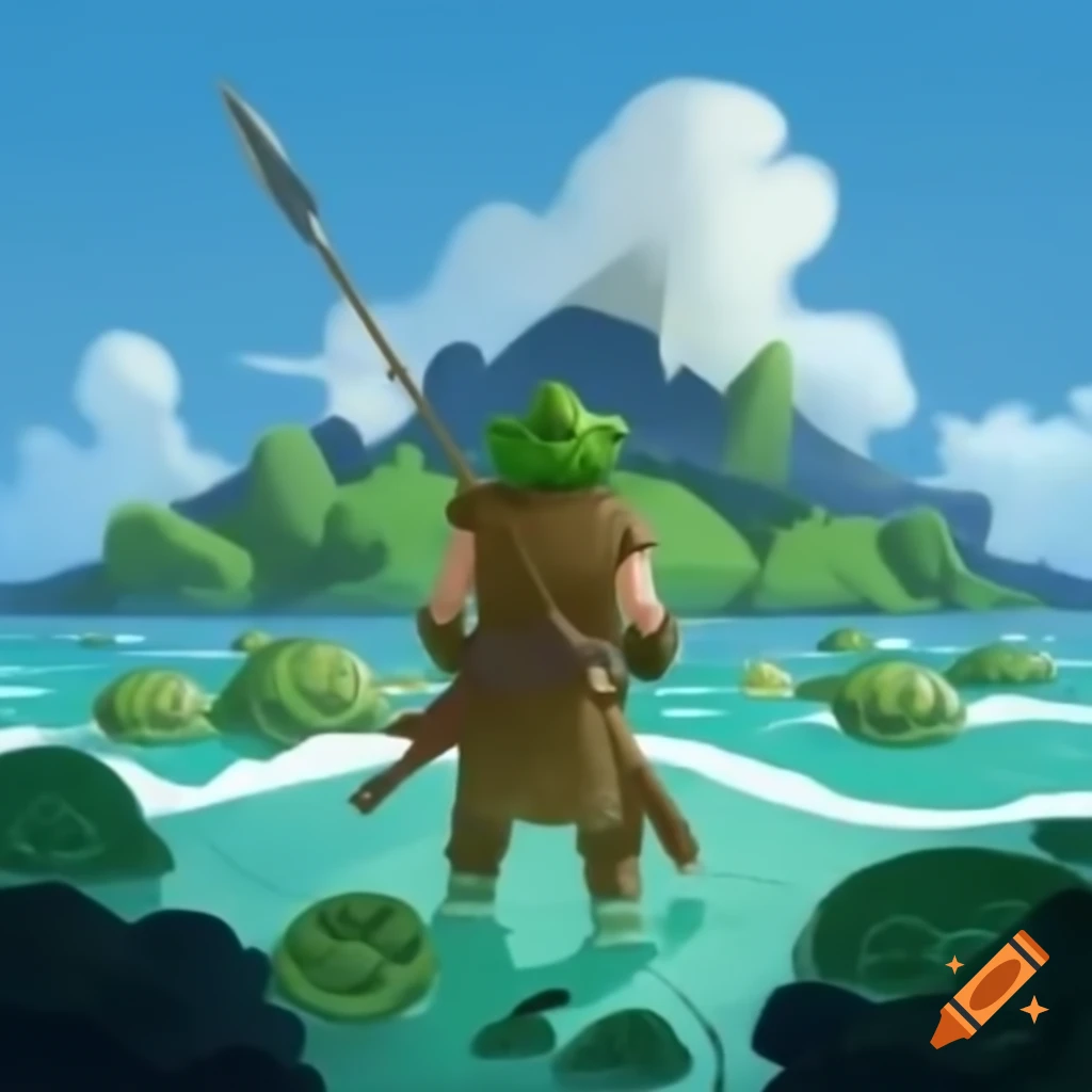 Warrior standing on an island surrounded by turtles