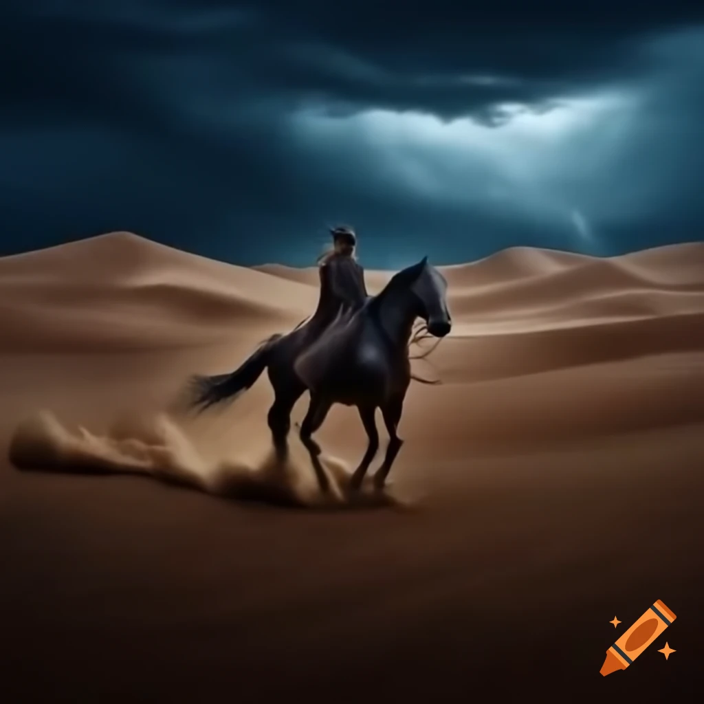 Veiled horseman riding through sandstorm desert at night