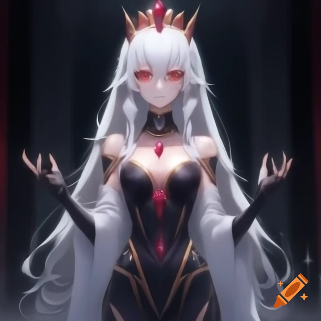 Anime demon queen in ruby and obsidian dress with tiara and throne
