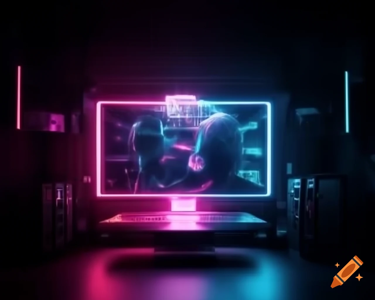 Futuristic CGI text element in hologram design with glowing neon colors