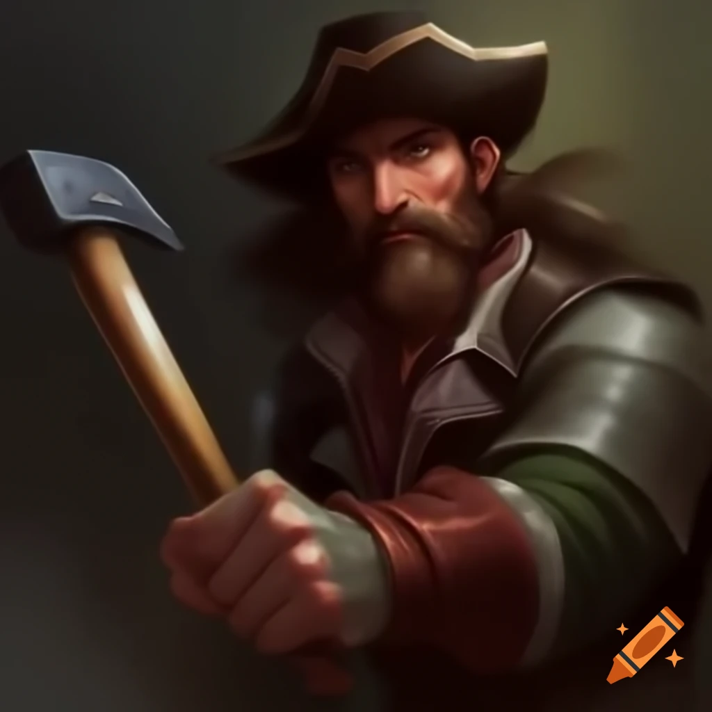 Bard character holding a hammer, in a fantasy setting