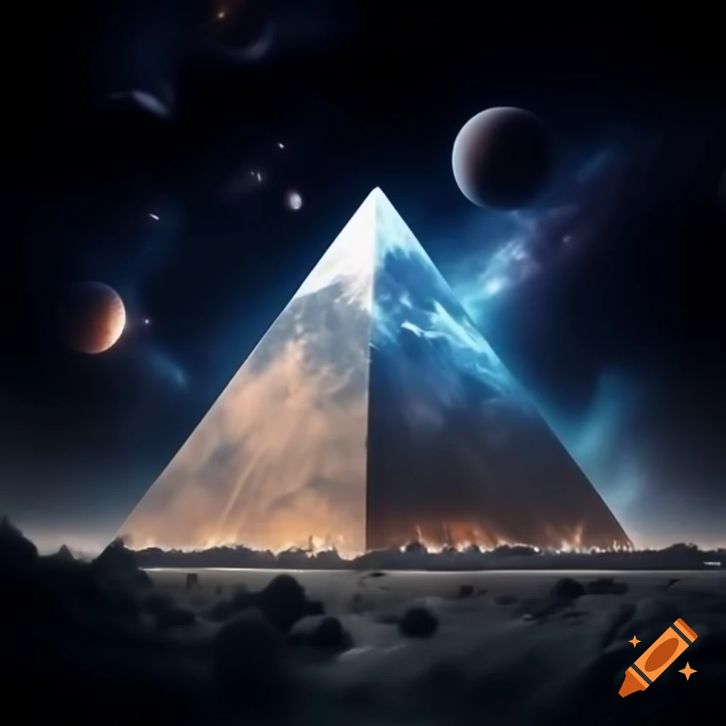 Pyramid in space with planets and stars in the universe
