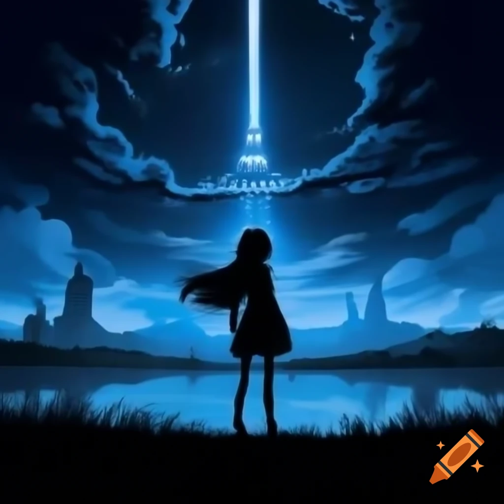 Silhouette of girl with blue hair gazing at distant tower surrounded by water resembling night sky