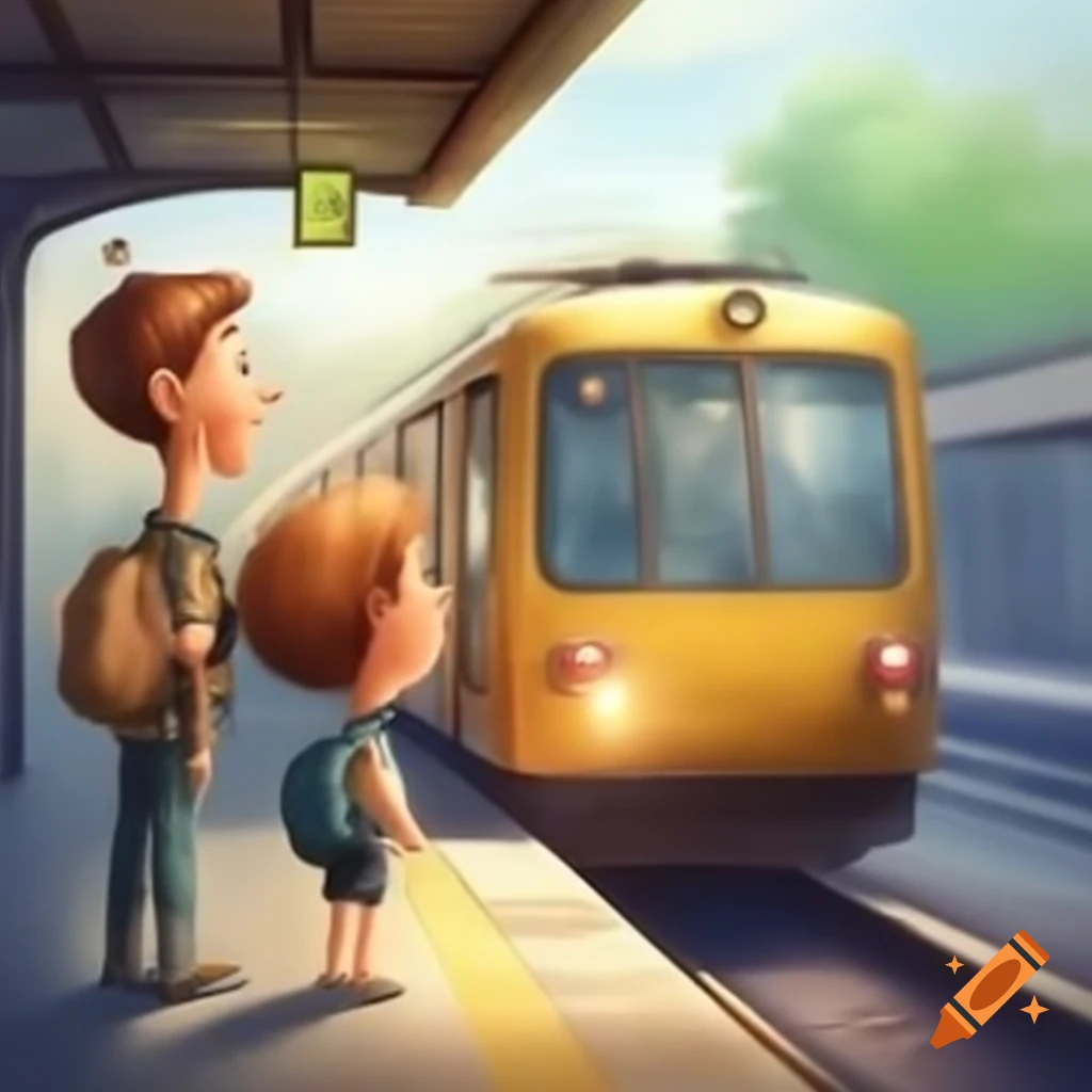 Cartoon of a child talking to father at a train station
