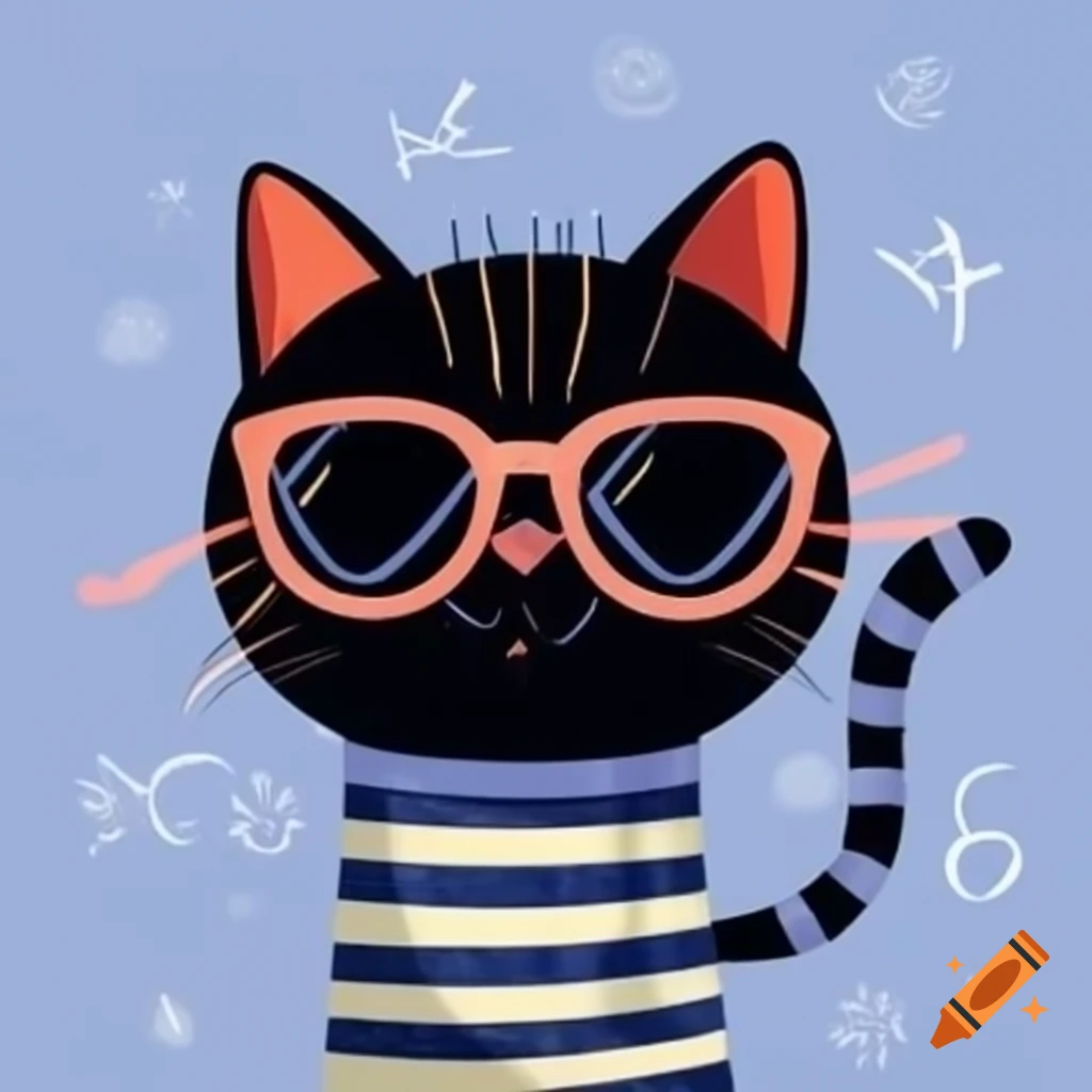 Cartoon art of black cat with pajama stripes and sunglasses