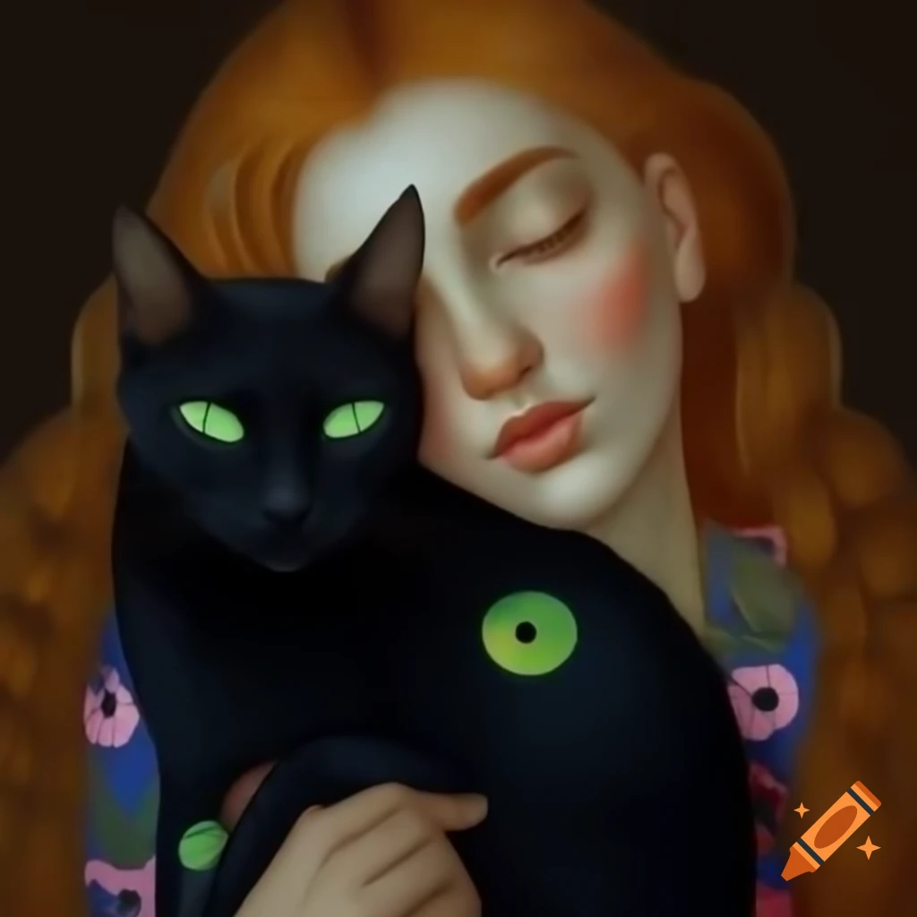 Middle-aged woman with brown hair in colorful dress holding a black cat with green eyes, Klimt and Vinci style