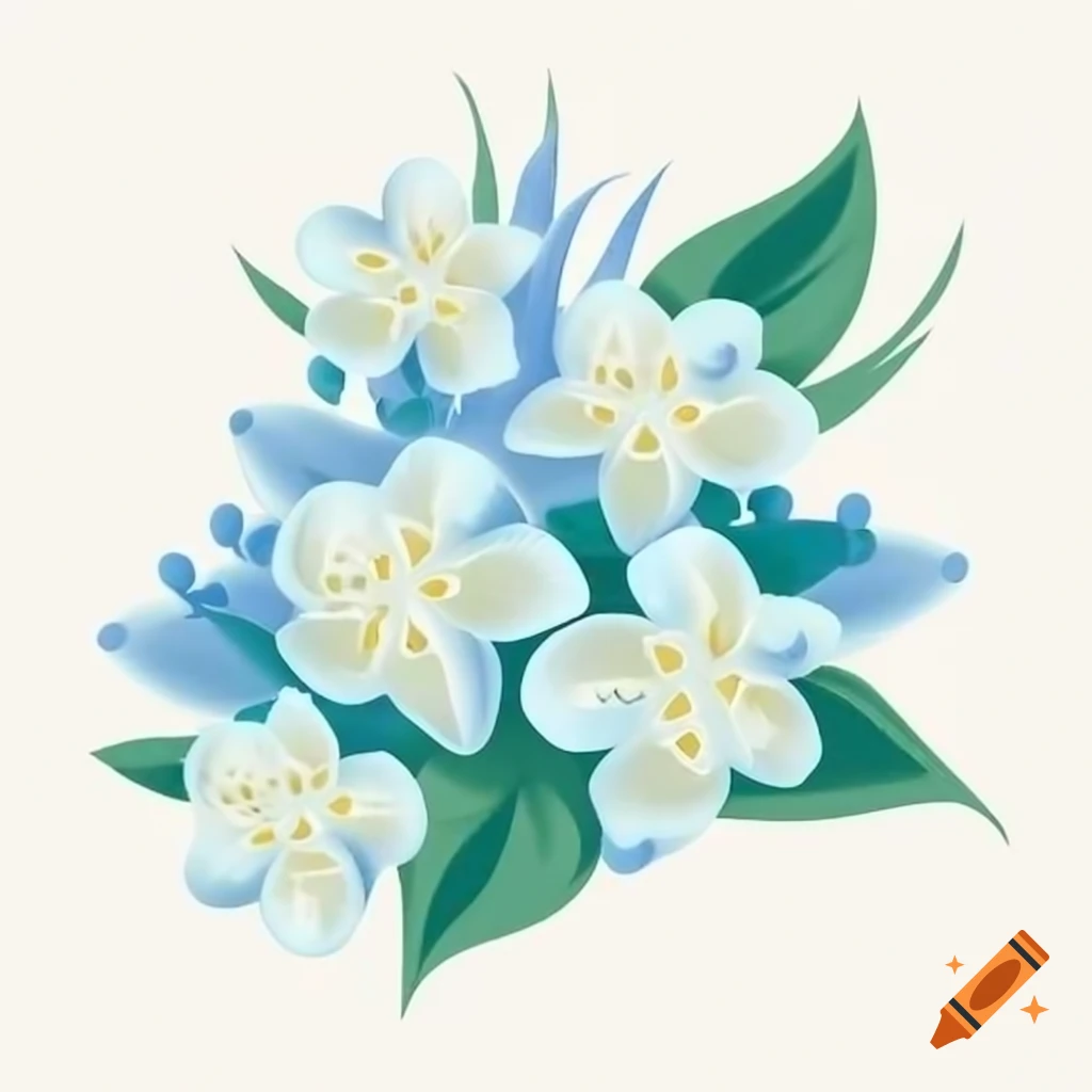 Vibrant bouquet of jasmine blossoms with blue and white shades