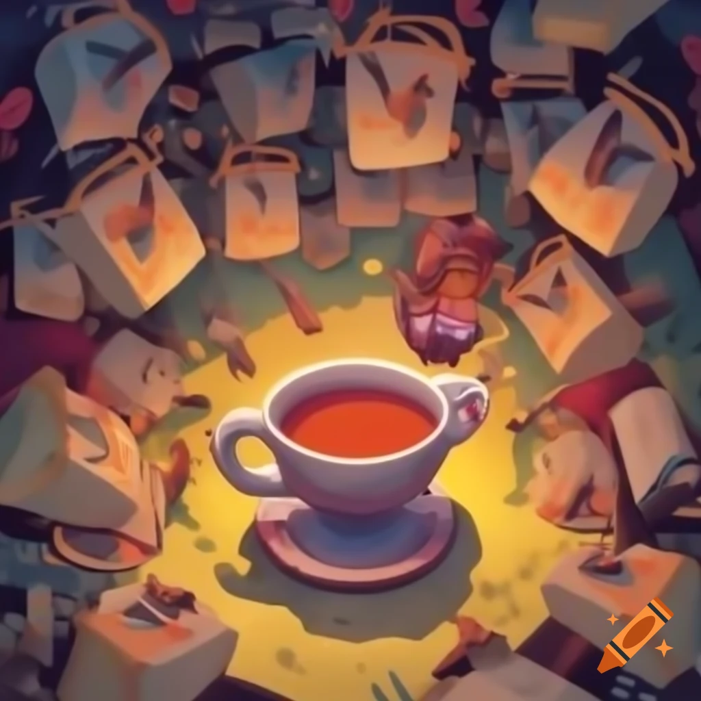 Whimsical illustration of tea leaves staging an uprising against teapots, with tea bags holding protest signs