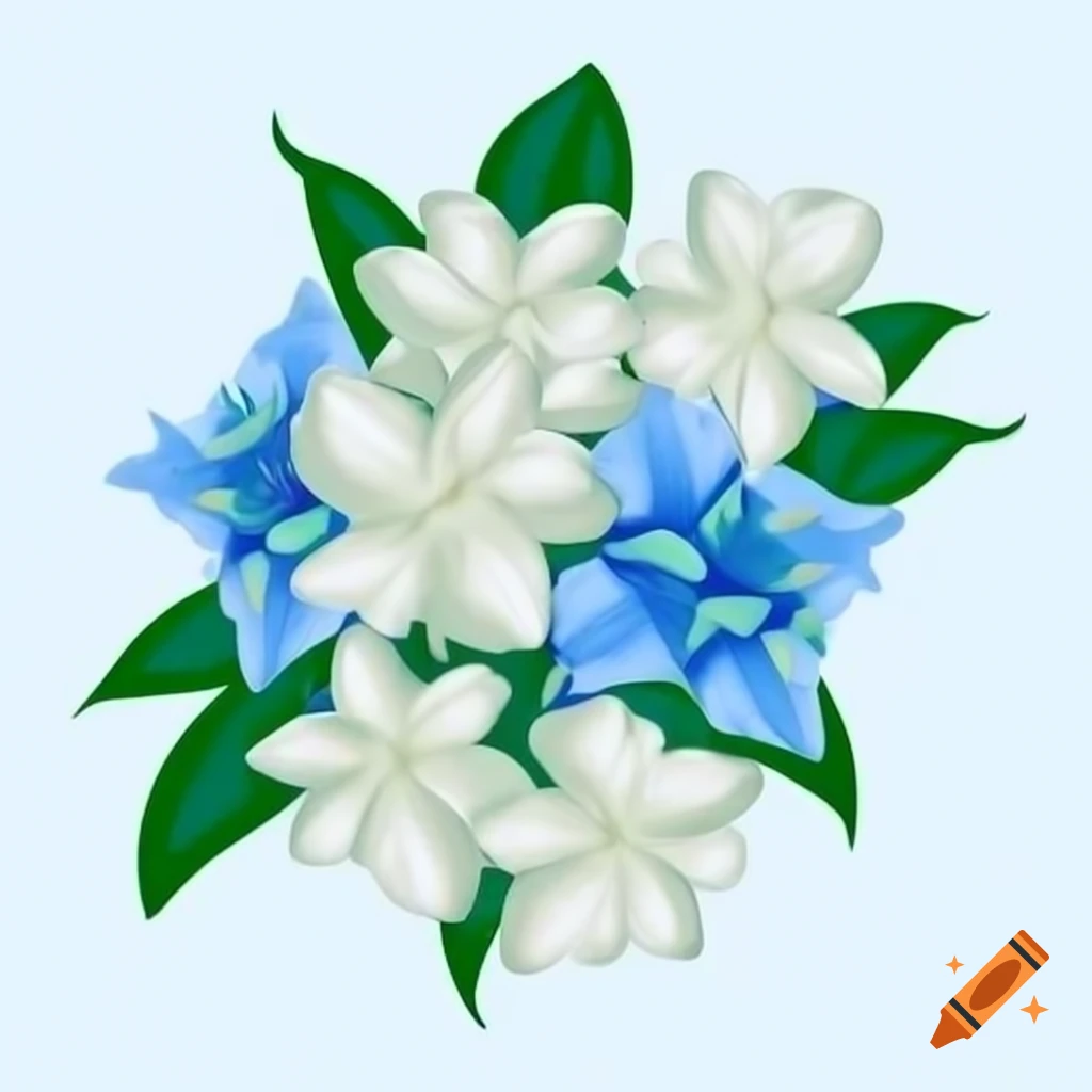 Vibrant bouquet of jasmine blossoms with blue and white shades