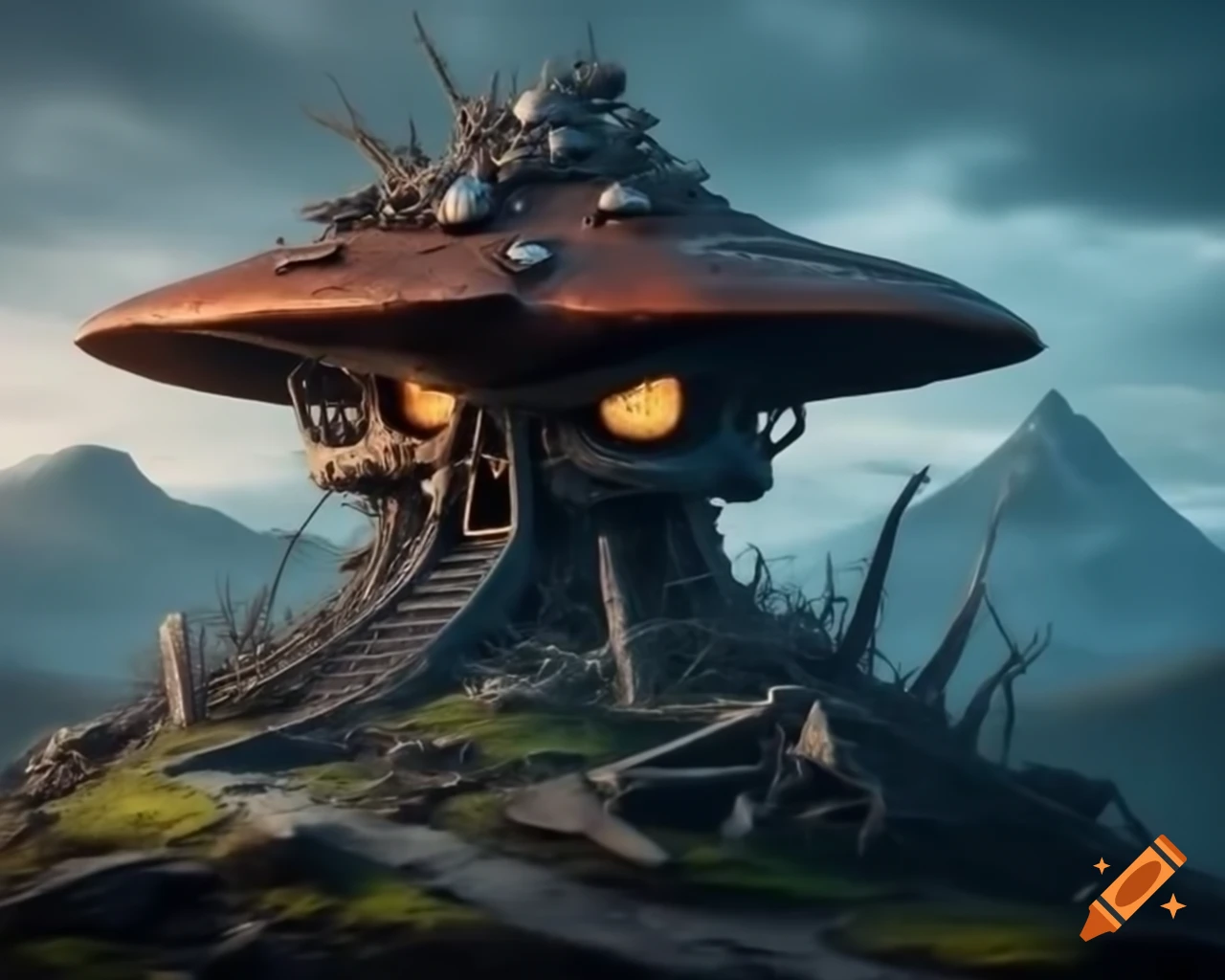 Post-apocalyptic mushroom house on skull-shaped mountain