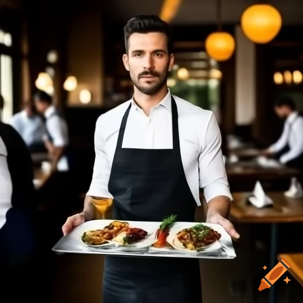 Waiter serving drinks and food in restaurant setting
