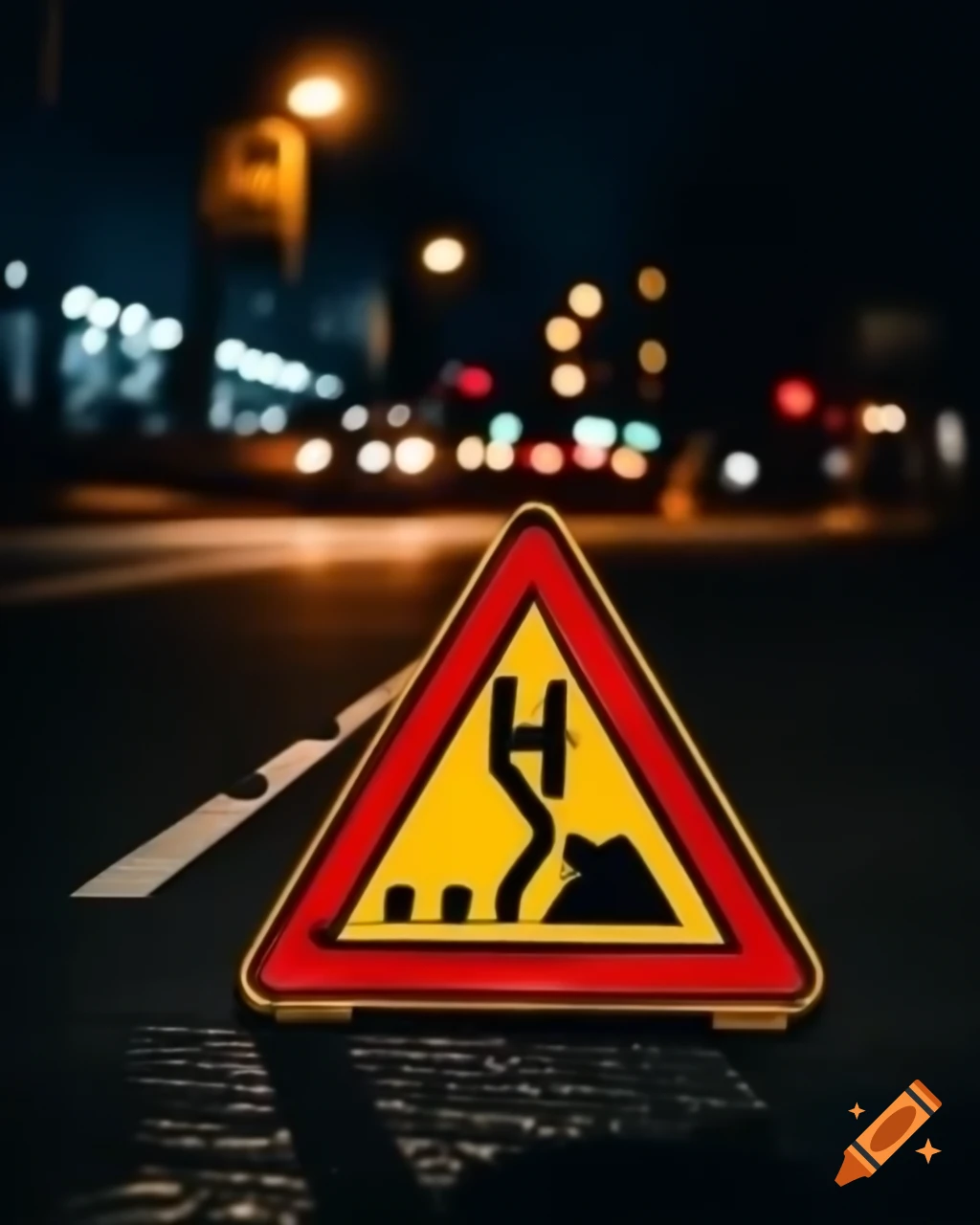 Warning triangular road sign with £10 symbol in symbolic style at night