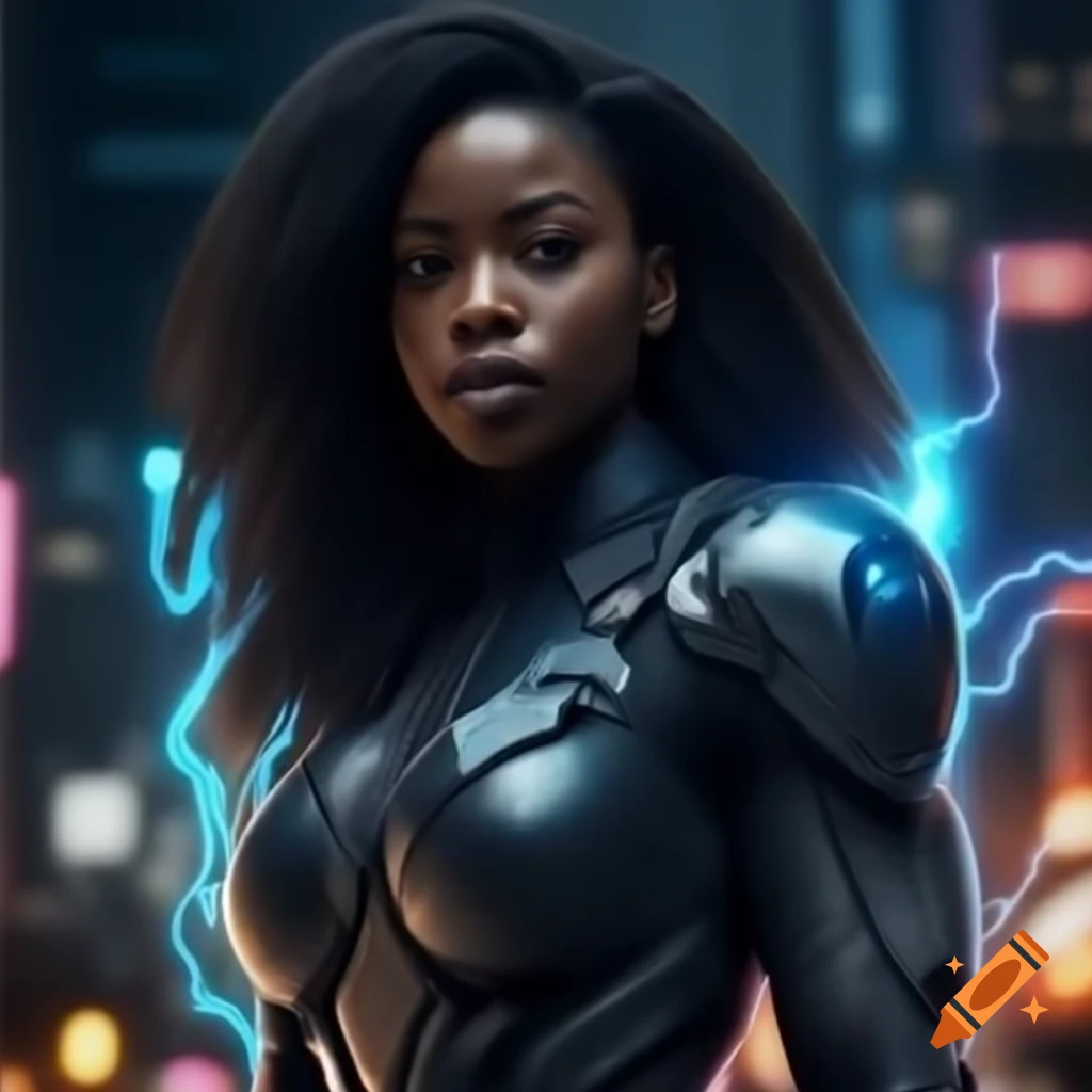 Black female superhero with electricity powers in hi-tech combat outfit against cityscape