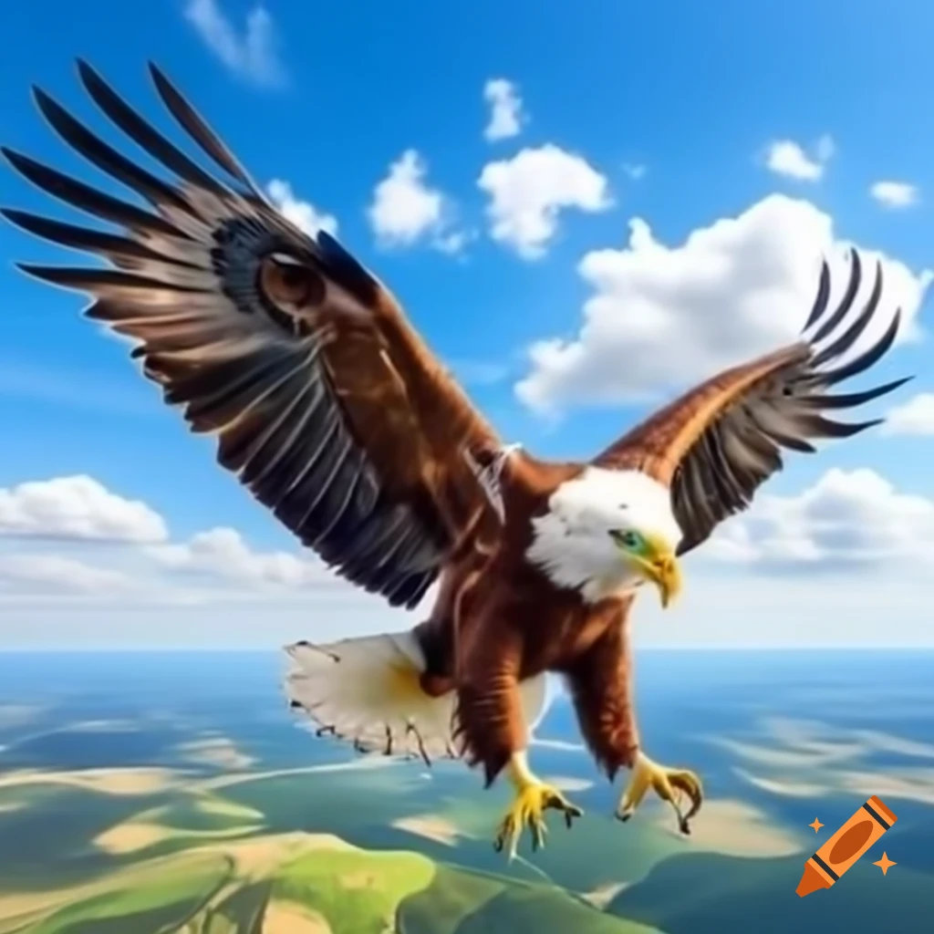 Yellow eagle soaring over Hungarian countryside with outstretched wings