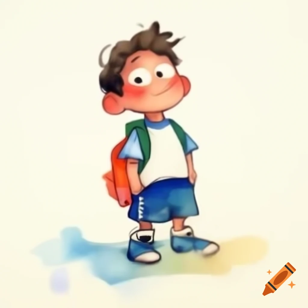 Cartoon-style watercolor of a standing boy on white background