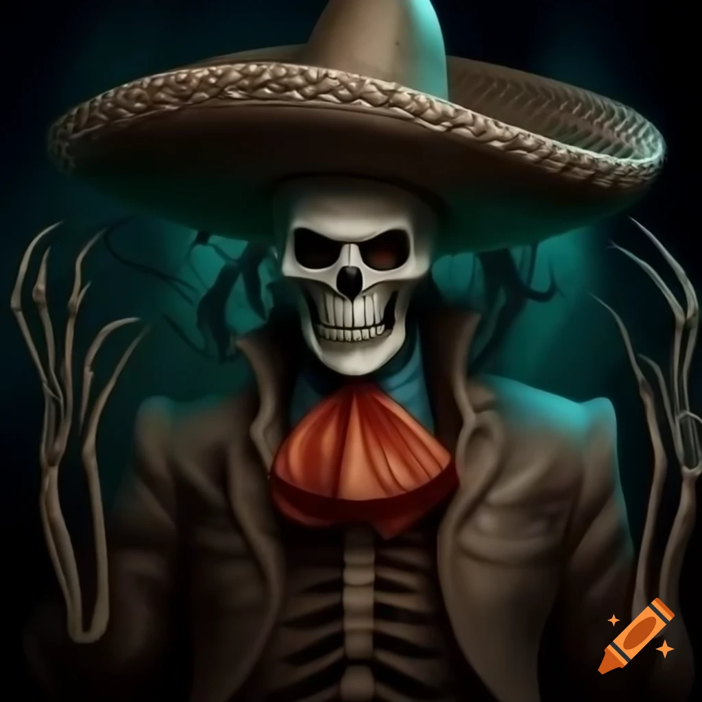 Skeleton mariachi in Halloween-themed fantasy art by Greg Rutkowski