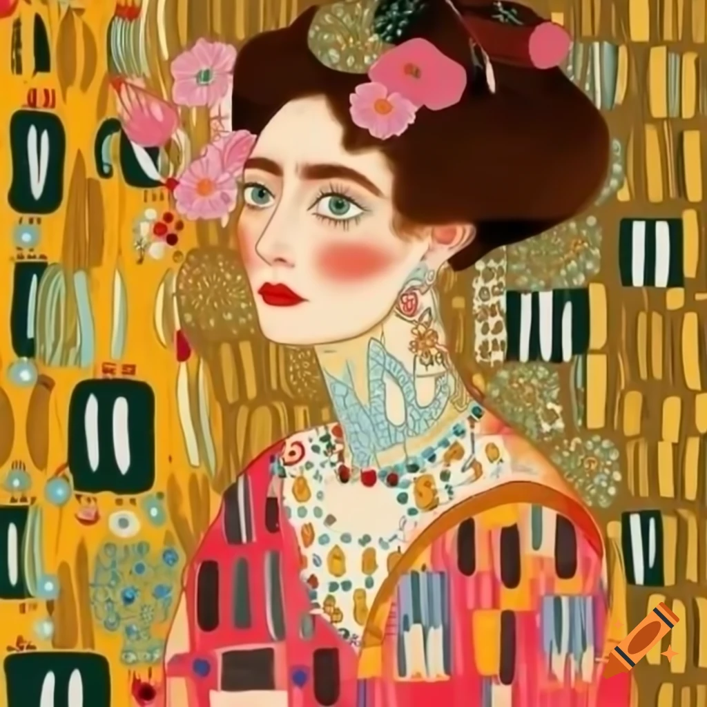 Beautiful middle-aged woman with brown hair and Klimt's flowers, dressed in bright colors, holding a small black cat