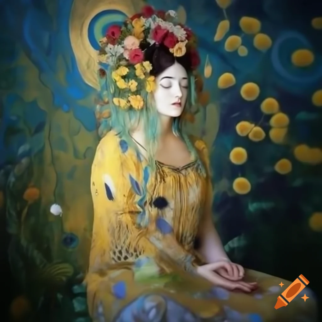 Meditating priestess of love-cult amidst blue gold ebru flowers, inspired by Gustav Klimt