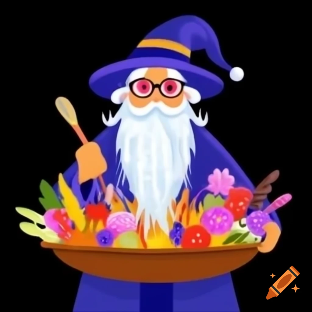 Bespectacled wizard inspecting sizzling burritos with long beard