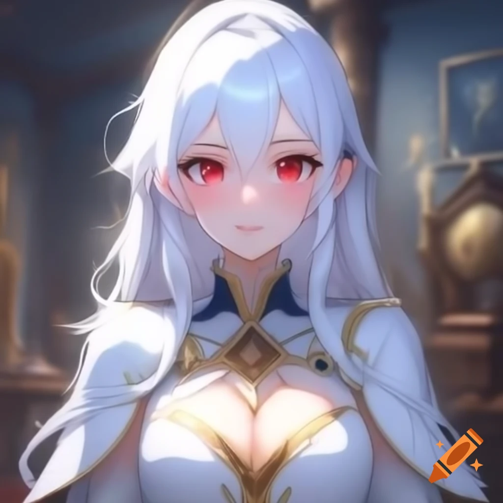 Anime woman with red eyes in fantasy military room, wearing white general jacket
